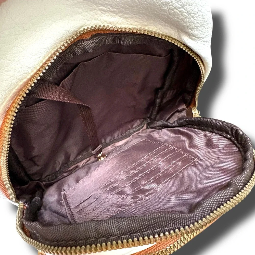 Cream Vegan Leather Sling Bag Brown Trim Patterned Crossbody Chest Pack‎ Small